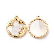 Brass Micro Pave Cubic Zirconia Charms, with Shell, Flat Round with Star Charm, Real 18K Gold Plated, 14.5x13x3mm, Hole: 1mm(KK-F860-12G)