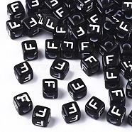 Opaque Acrylic Beads, Horizontal Hole, Alphabet Style, Cube, Black & White, Letter.F, 5x5x5mm, Hole: 2mm, about 5000pcs/500g(SACR-N002-01F)