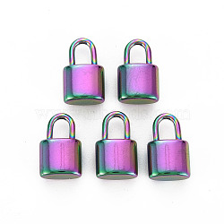 201 Stainless Steel Pendants, Lock, Rainbow Color, 13x8x5mm, Hole: 3x4.5mm(STAS-S119-053B-01)