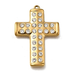 304 Stainless Steel Pendants, with Rhinestone, Ion Plating(IP), Cross, Real 18K Gold Plated, 43.5x30x4mm, Hole: 1.6mm(STAS-E545-10G)