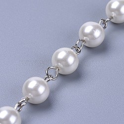 Handmade Dyed Glass Pearl Beaded Chains, Unwelded, with Iron Eye Pin, Platinum, Beige, 39.37 inch, 1m/strand(AJEW-JB00487-01)