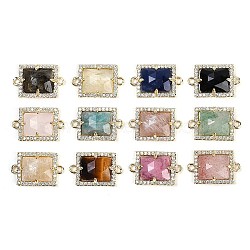 Natural Mixed Gemstone Faceted Rectangle Links, Rack Plating Brass Micro Pave Clear Cubic Zirconia Connector Charms, Golden, 11.5x18x4.5mm, Hole: 1.4mm(G-I375-07G)