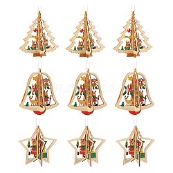 9Pcs 3 Styles Wooden Christmas Mixed Shapes Ornaments, Wood Holiday Hanging Decorations with Rope, Mixed Color, 3pcs/style(DIY-SZ0003-41)