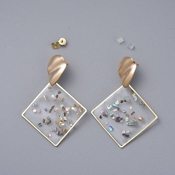 Epoxy Resin Dangle Earrings, with Brass Ear Stud Findings and Ear Nuts, Rhombus, Real 18K Gold Plated, Clear, 57mm, Pin: 0.7mm