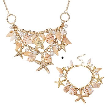 Trendy Shell Charm Bracelets & Bib Necklaces Sets, CCB Plastic Alloy Rhinestone Starfish and Glass Pearl Findings, with Iron Chains and Brass Lobster Claw Clasps, Golden, Bracelet:230mm, Necklace: 19.6 inch