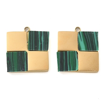 304 Stainless Steel Pave Synthetic Malachite Square Charms, Manual Polishing, Ion Plating(IP), Golden, 14x12x2mm, Hole: 1.2mm