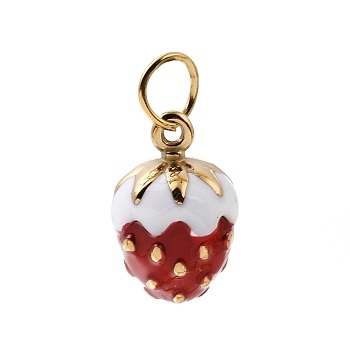 304 Stainless Steel Enamel Pendants, Strawberry Charms, Ion Plating(IP), Real 18K Gold Plated, Red, 15.5x10mm, Hole: 4.5mm