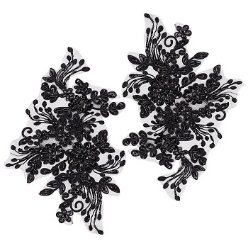 Flower Pattern Polyester Embroidered Lace Appliques, Handicarft Beading Appliques, Costume Dress Accessories, Black, 160x250x2mm