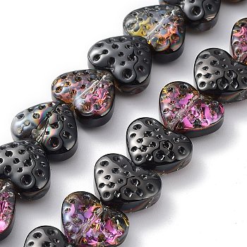 Electroplate Transparent Glass Beads Strands, Heart, Black, 13x15mm, Hole: 1.2mm, about 50pcs/strand, 25.59''(65cm)
