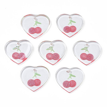 Transparent Resin Pendants, with Glitter Powder, Heart with Cherry, Crimson, 18x19.5x2~2.5mm, Hole: 1.4mm