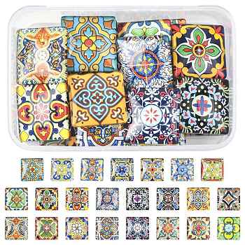 1 Bag Glass Cabochons, Square with Floor Tile Pattern, Mixed Color, 30x30x8~8.5mm, 24pcs/bag