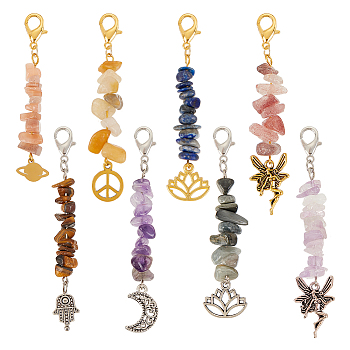 Natural Gemstone Chip Pendant Decoration, Reiki Energy Stone Ornament for Healing, with Alloy & 304 Stainless Steel Findings, Fairy/Moon/Peace Sign, 70~75mm, 8 style, 1pc/style, 8pcs/box