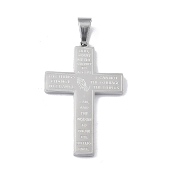 304 Stainless Steel Pendants, Serenity Prayer Cross Charm, Stainless Steel Color, 42x27.5x2.5mm, Hole: 7x4mm
