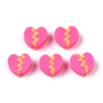 Handmade Polymer Clay Beads, for DIY Jewelry Crafts Supplies, Heart, Hot Pink, 8x9~9.5x4~4.5mm, Hole: 1.8mm
