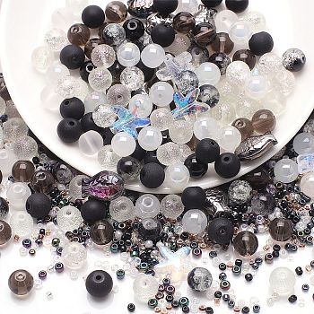 Glass Beads, Round & Starfish & Fish & Rondelle, Mixed Style, Black, 2~14x2~10x1~8.5mm, Hole: 0.8~1.5mm