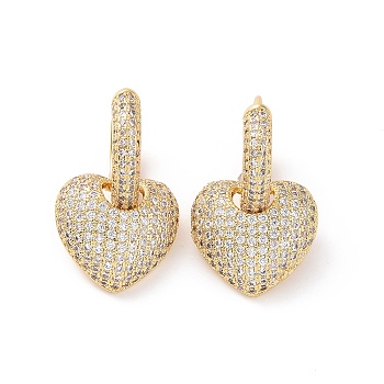 Cubic Zirconia Heart Dangle Hoop Earrings, Brass Jewelry for Women, Cadmium Free & Nickel Free & Lead Free, Real 18K Gold Plated, 24mm, Pin: 0.8mm
