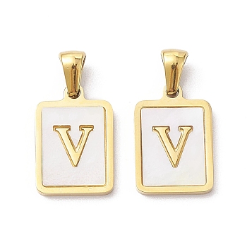 Ion Plating(IP) 304 Stainless Steel Pave Shell Pendants, Rectangle Charm, Real 18K Gold Plated, Letter V, 17.5x12x1.5mm, Hole: 3x5mm