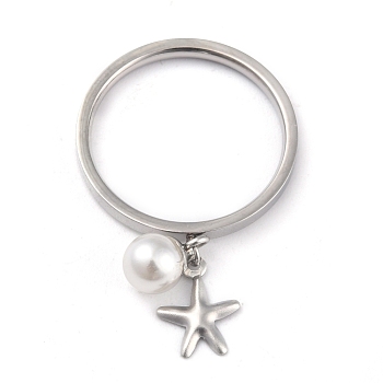 Dual-use Items, 304 Stainless Steel Finger Rings or Pendants, with Plastic Round Beads, Star, White, Stainless Steel Color, US Size 5~9(15.7~18.9mm)