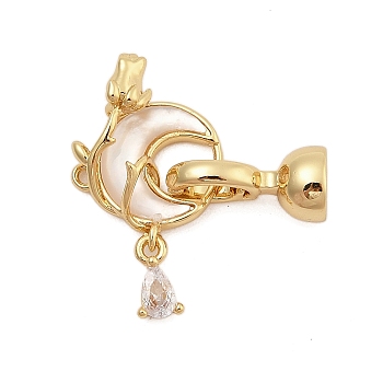 Brass Micro Pave Clear Cubic Zirconia Fold Over Clasps, with Shell and Enamel, Moon, Real 18K Gold Plated, 26.5mm