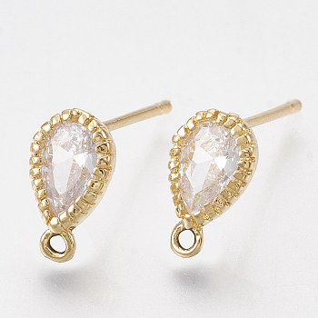 Brass Cubic Zirconia Stud Earring Findings, with Loop, Teardrop, Clear, Real 18K Gold Plated, 9.5x5.5mm, Hole: 1mm, Pin: 0.8mm