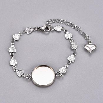 304 Stainless Steel Bracelet Making, with Lobster Claw Clasps, Heart Link Chains and Flat Round Cabochon Settings, Stainless Steel Color, Tray: 16mm, 6-1/4 inch(16cm)