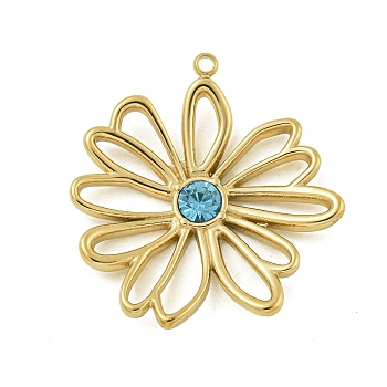 304 Stainless Steel Pendants, with Rhinestone, Hollow Flower Charm, Real 14K Gold Plated, Light Sapphire, 28x26x4mm, Hole: 1.4mm