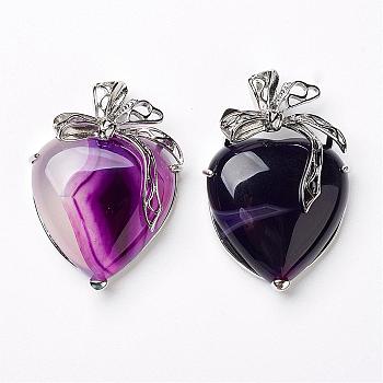 Natural Agate Pendants, with Platinum Tone Brass Findings, Heart, 46x32x10mm, Hole: 3.5x6mm