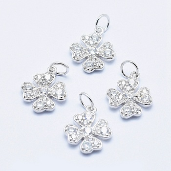 Brass Micro Pave Cubic Zirconia Charms, Long-Lasting Plated, Lead Free & Nickel Free & Cadmium Free, Clover, Real Platinum Plated, 14x11.5x2mm, Hole: 3mm