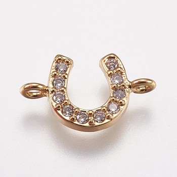 Brass Micro Pave Cubic Zirconia Links, Cadmium Free & Lead Free, Horseshoes, Golden, Clear, 8x13x2mm, Hole: 1.5mm