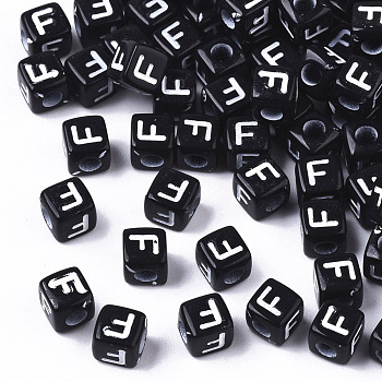 Opaque Acrylic Beads, Horizontal Hole, Alphabet Style, Cube, Black & White, Letter.F, 5x5x5mm, Hole: 2mm, about 5000pcs/500g