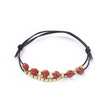 Cowhide Leather Cord Bracelets, with Natural Faceted Red Jasper Beads and Brass Cube Beads, 2-1/4 inch(5.7cm)
