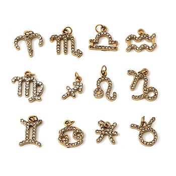 304 Stainless Steel Pendants, with Rhinestone, Constellation Charms, Ion Plating(IP), Golden, 10.5~14.5x6.5~14.5x2~2.5mm, Jump Ring: 4x0.8mm, Inner Diameter: 3mm, 12pcs/set