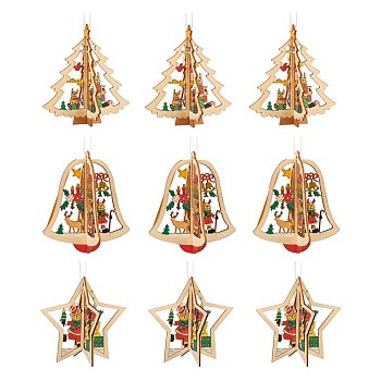 9Pcs 3 Styles Wooden Christmas Mixed Shapes Ornaments, Wood Holiday Hanging Decorations with Rope, Mixed Color, 3pcs/style
