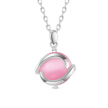 SHEGRACE Rhodium Plated 925 Sterling Silver Pendant Necklace, with Opal, Round, Pearl Pink, Platinum, 17.72 inch(45cm)