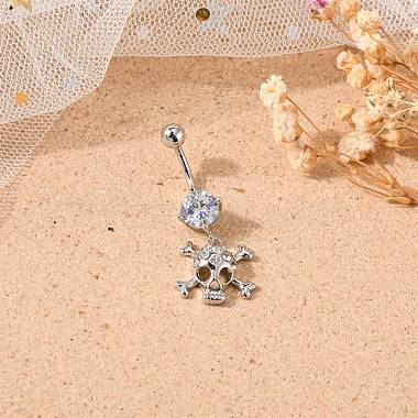 Piercing Jewelry Real Platinum Plated Brass Rhinestone Pirate Style Skull Navel Ring Belly Rings(AJEW-EE0001-28)-5