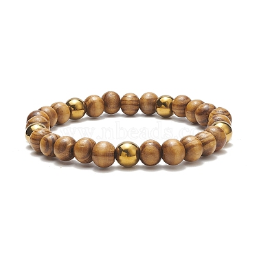 Natural Wood & Synthetic Hematite Round Beaded Stretch Bracelet for Women(BJEW-JB09148)-2