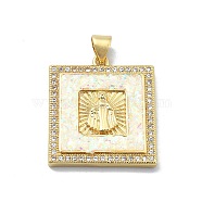 Brass Micro Pave Clear Cubic Zirconia Pendants, with Sythetic Opal, Sqaure with Goddess, Real 18K Gold Plated, 24.5x21.5x3.5mm, Hole: 4x3.5mm(KK-A221-26G-01)