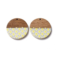 Opaque Resin & Walnut Wood Pendants, Flat Round Charms with Flower Pattern, Yellow, 35x4mm, Hole: 2mm(RESI-N025-046B)