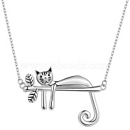 Rhodium Plated 925 Sterling Silver Cat On Branch Pendant Necklace for Women, Platinum, 15.35 inch(39cm)(JN1046A)