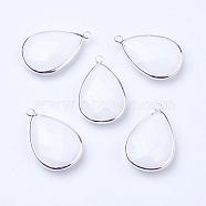 Silver Color Plated Brass Glass Teardrop Pendants, Faceted, Snow, 18x10x5mm, Hole: 2mm(GLAA-M006-A-22S)