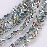 Electroplate Glass Beads Strands, Half Plated, Faceted, Triangle, Green Plated, 3x4x3mm, Hole: 1mm, about 149pcs/strand, 13.3 inch(34cm)(EGLA-J145-4mm-HP04)