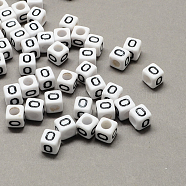 Large Hole Acrylic Letter European Beads, Horizontal Hole, White & Black, Cube with Letter.O, 10x10x10mm, Hole: 4mm(X-SACR-Q103-10mm-01O)