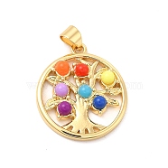 Colorful Resin Pendants, Flat Round Charms, with Brass Tree of Life, Golden, 23x20x3.5mm, Hole: 3.5x4mm(KK-G450-01G)