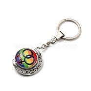 Pride Rainbow Alloy Glass Keychain, with Iron Key Rings, Rotatable, Flat Round with Moon, Rainbow Pattern, 10.45cm(KEYC-E036-02P-03)