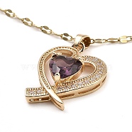 Heart Light Gold Brass Micro Pave Cubic Zirconia Pendant Necklaces, with Glass, Purple, 16.14 inch(41cm)(NJEW-E105-09KCG-05)