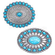 2Pcs 2 Styles Zinc Alloy Belt Buckles, with Resin Imitation Synthetic Turquoise, Oval, Antique Silver, 66~67.5x81~90x16.5~24mm, Hole: 40x17mm, 1pc/style(FIND-GF0006-11)