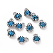 Alloy Glass Rhinestone Charms, Birthstone Charms, Flat Round, Platinum, Blue Zircon, 10.5x7.5x4mm, Hole: 2.1mm(ALRI-B0001-01H)