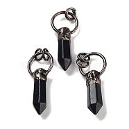 Natural Obsidian Faceted Pointed Bullet Pendants, Brass Ring Charms with Jump Rings, Red Copper, 48~50x20x9~10mm, Hole: 6mm(G-A221-03C)