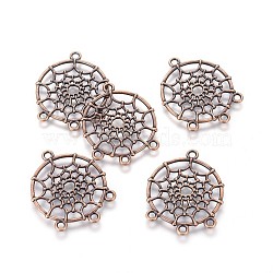Tibetan Style Alloy Chandelier Components Links, Lead Free & Cadmium Free & Nickel Free, Flat Round with Web, Red Copper, 34x28x2mm, Hole: 3mm(TIBE-A30127-R-NR)