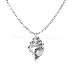 Rhodium Plated Summer Beach 925 Sterling Silver Micro Pave Clear Cubic Zirconia Cable Chain Conch Shell Pendant Necklaces, with Shell Pearl, Real Platinum Plated, 15.91 inch(40.4cm)(NJEW-Q342-05P)